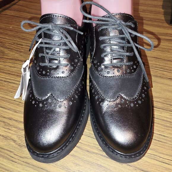 GEOX RESPIRA THYMAR Sz 7 NWT! Metallic Black Italian Patent Leather Oxford Shoes - Picture 4 of 12